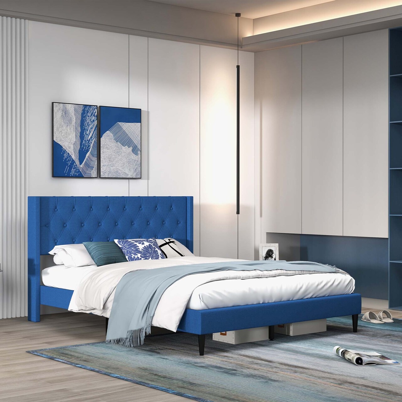 Costway Queen Size Upholstered Platform Bed with Button Tufted Wingback Headboard Blue/Grey